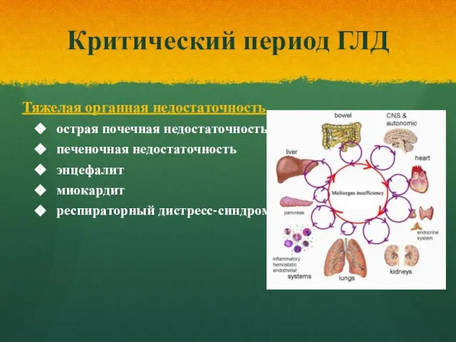 Критический период ГЛД Тяжелая органная недостаточность острая почечная недостаточность печеночная недостаточность энцефалит миокардит респираторный дистресс-синдром