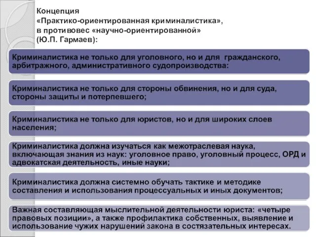 Концепция «Практико-ориентированная криминалистика», в противовес «научно-ориентированной» (Ю.П. Гармаев):