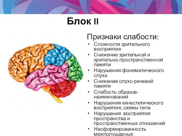 Блок II Признаки слабости: Сложности зрительного восприятия Снижение зрительной и зрительно-пространственной