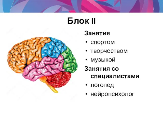 Блок II Занятия спортом творчеством музыкой Занятия со специалистами логопед нейропсихолог