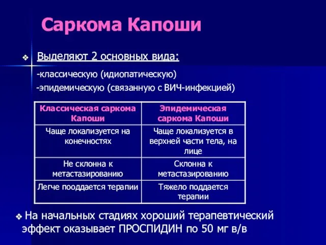 Саркома Капоши Выделяют 2 основных вида: -классическую (идиопатическую) -эпидемическую (связанную с