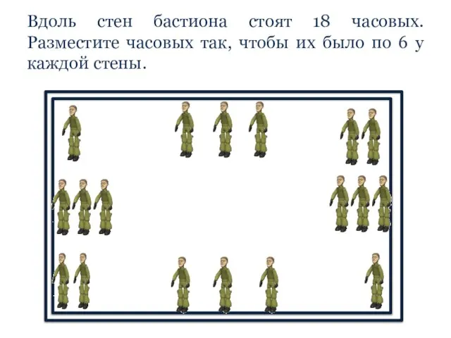 Вдоль стен бастиона стоят 18 часовых. Разместите часовых так, чтобы их