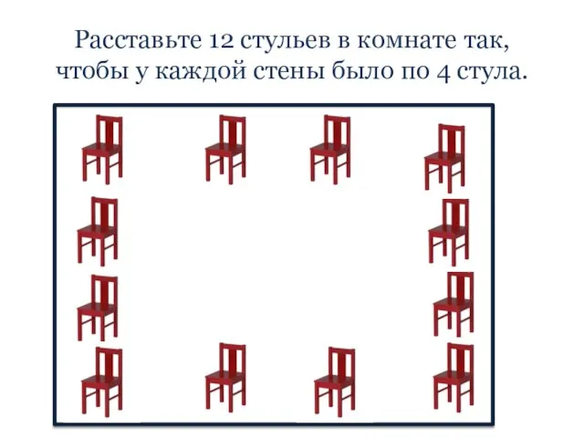 Расставьте 12 стульев в комнате так, чтобы у каждой стены было по 4 стула.