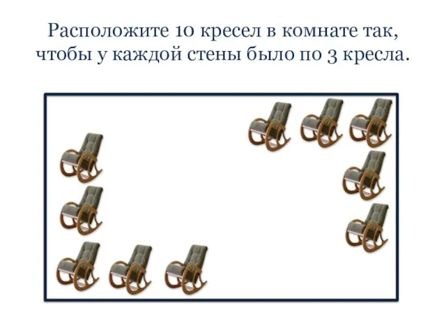 Расположите 10 кресел в комнате так, чтобы у каждой стены было по 3 кресла.