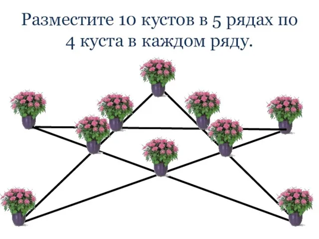 Разместите 10 кустов в 5 рядах по 4 куста в каждом ряду.