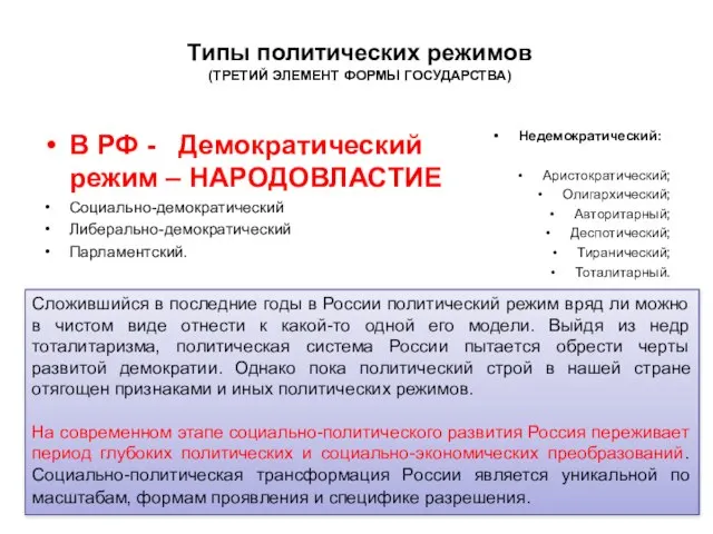 Типы политических режимов (ТРЕТИЙ ЭЛЕМЕНТ ФОРМЫ ГОСУДАРСТВА) В РФ - Демократический