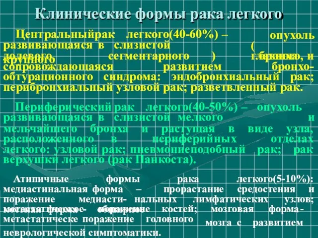 Клинические формы рака легкого Центральный рак легкого(40-60%) – опухоль ( главного,