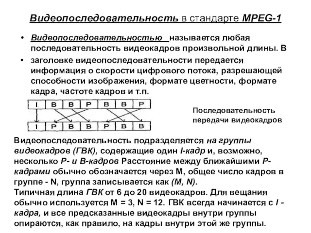 Видеопоследовательность в стандарте MPEG-1 Видеопоследовательностью называется любая последовательность видеокадров произвольной длины.