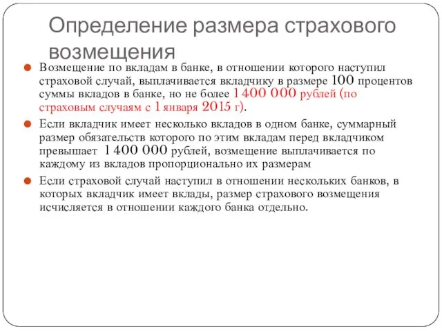 Определение размера страхового возмещения Возмещение по вкладам в банке, в отношении