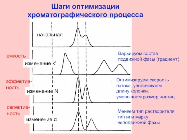 Шаги оптимизации хроматографического процесса начальная изменение k’ изменение N изменение α