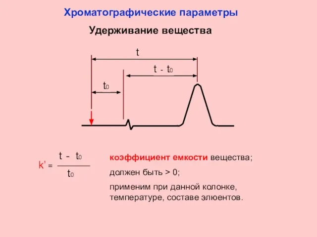 Удерживание вещества t t - t0 t0 коэффициент емкости вещества; должен