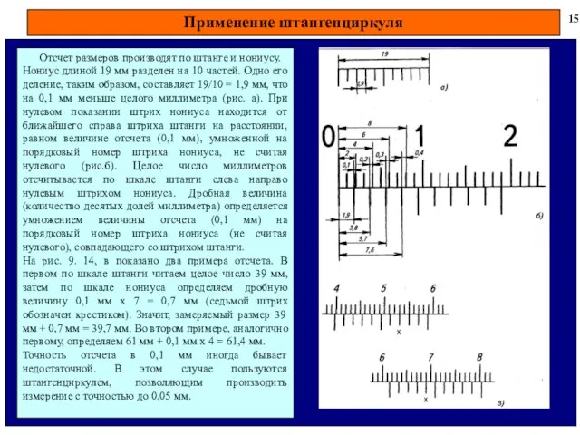 Применение штангенциркуля 15 Отсчет размеров производят по штанге и нониусу. Нониус