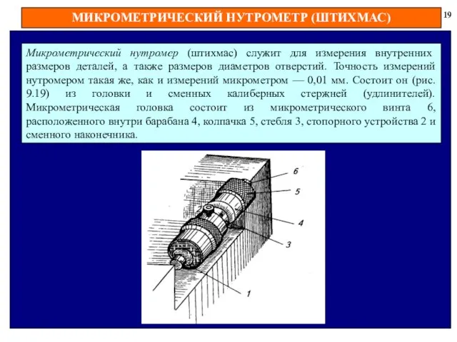 МИКРОМЕТРИЧЕСКИЙ НУТРОМЕТР (ШТИХМАС) 19 Микрометрический нутромер (штихмас) служит для измерения внутренних