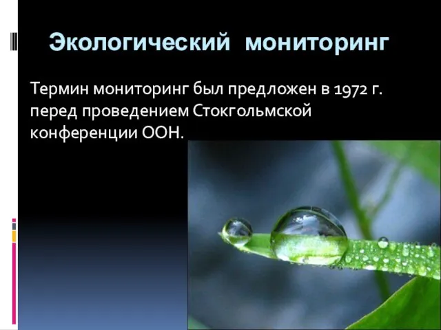 Экологический мониторинг Термин мониторинг был предложен в 1972 г. перед проведением Сток­гольмской конференции ООН.