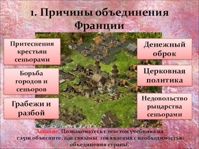 1. Причины объединения Франции Задание. Познакомьтесь с текстом учебника на с.151и