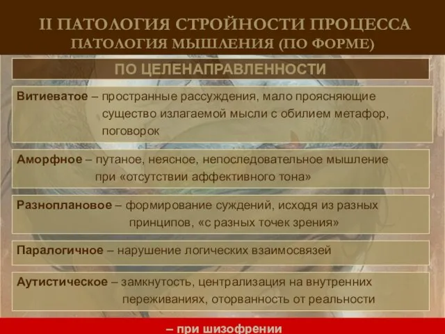 ПО ЦЕЛЕНАПРАВЛЕННОСТИ II ПАТОЛОГИЯ СТРОЙНОСТИ ПРОЦЕССА ПАТОЛОГИЯ МЫШЛЕНИЯ (ПО ФОРМЕ) Разноплановое