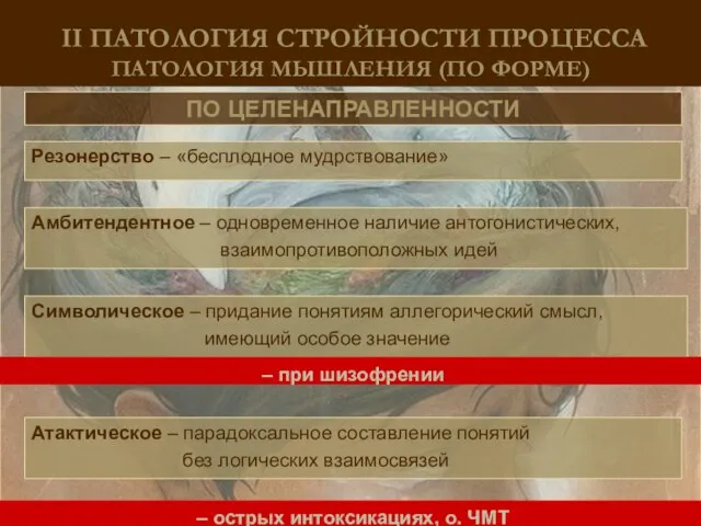 ПО ЦЕЛЕНАПРАВЛЕННОСТИ II ПАТОЛОГИЯ СТРОЙНОСТИ ПРОЦЕССА ПАТОЛОГИЯ МЫШЛЕНИЯ (ПО ФОРМЕ) Атактическое