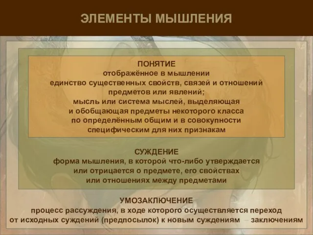 ЭЛЕМЕНТЫ МЫШЛЕНИЯ УМОЗАКЛЮЧЕНИЕ процесс рассуждения, в ходе которого осуществляется переход от