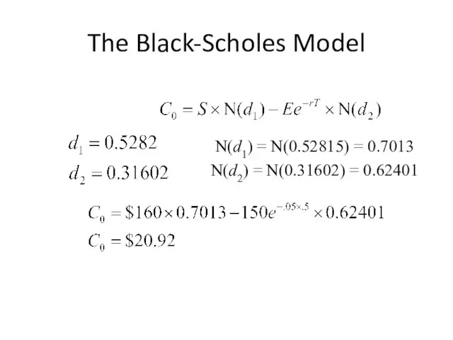 The Black-Scholes Model N(d1) = N(0.52815) = 0.7013 N(d2) = N(0.31602) = 0.62401