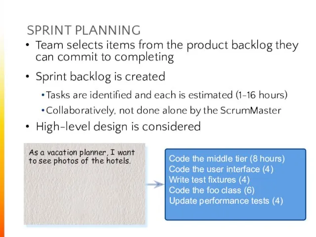 SPRINT PLANNING Team selects items from the product backlog they can