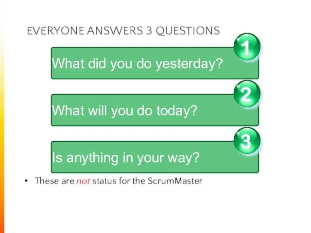 EVERYONE ANSWERS 3 QUESTIONS These are not status for the ScrumMaster