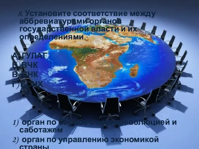 8. Установите соответствие между аббревиатурами органов государственной власти и их определениями.