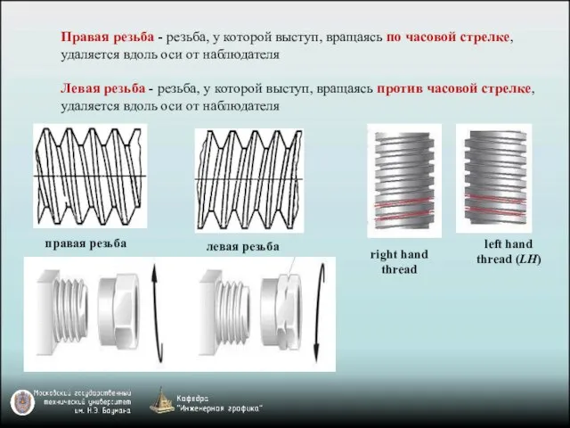 Правая резьба - резьба, у которой выступ, вращаясь по часовой стрелке,