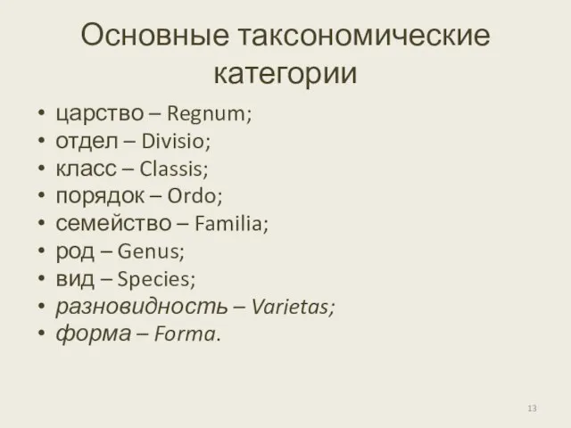 Основные таксономические категории царство – Regnum; отдел – Divisio; класс –