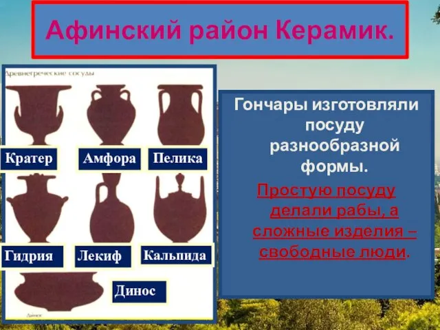 Афинский район Керамик. Гончары изготовляли посуду разнообразной формы. Простую посуду делали