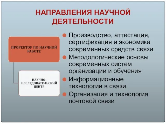 НАПРАВЛЕНИЯ НАУЧНОЙ ДЕЯТЕЛЬНОСТИ Производство, аттестация, сертификация и экономика современных средств связи