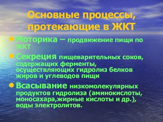 Основные процессы, протекающие в ЖКТ Моторика – продвижение пищи по ЖКТ