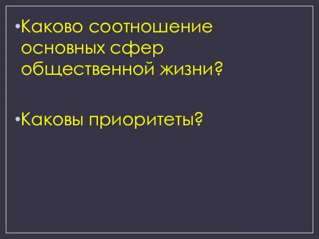 Каково соотношение основных сфер общественной жизни? Каковы приоритеты?