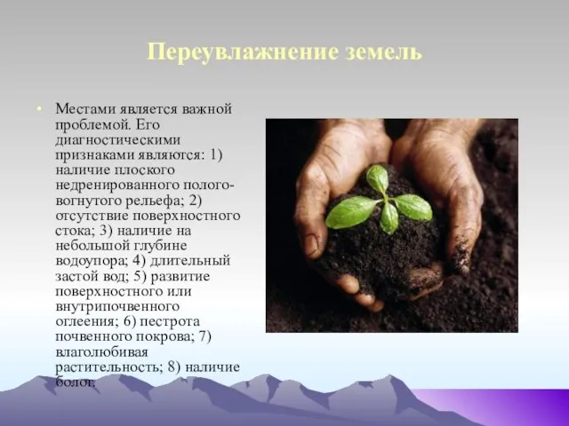 Переувлажнение земель Местами является важной проблемой. Его диагностическими признаками являются: 1)