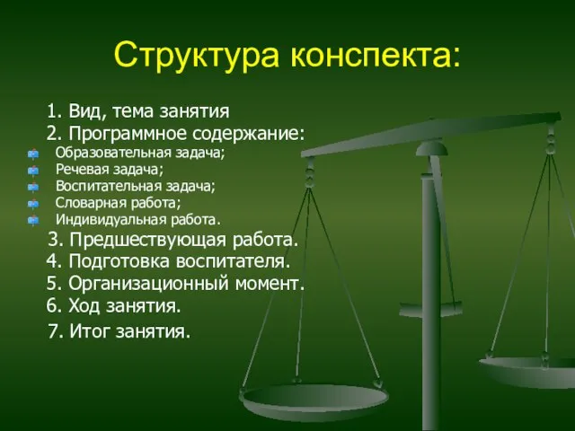 Структура конспекта: 1. Вид, тема занятия 2. Программное содержание: Образовательная задача;