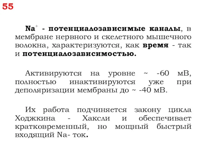 55 Nа+ - потенциалозависимые каналы, в мембране нервного и скелетного мышечного