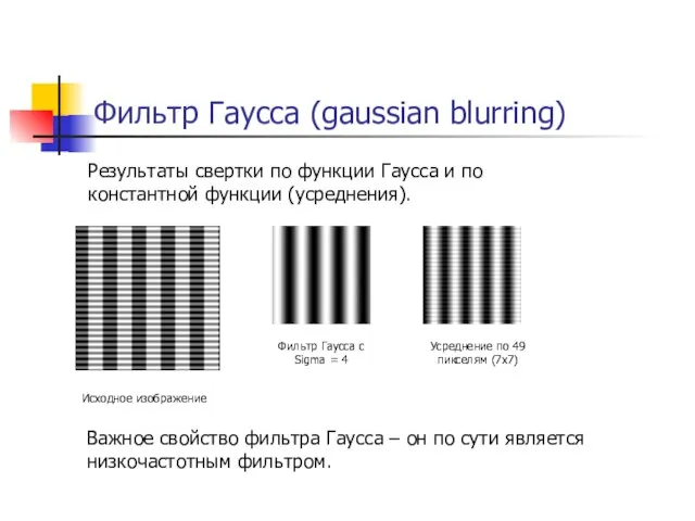 Фильтр Гаусса (gaussian blurring) Результаты свертки по функции Гаусса и по