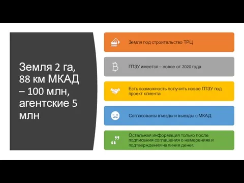 Земля 2 га, 88 км МКАД – 100 млн, агентские 5 млн