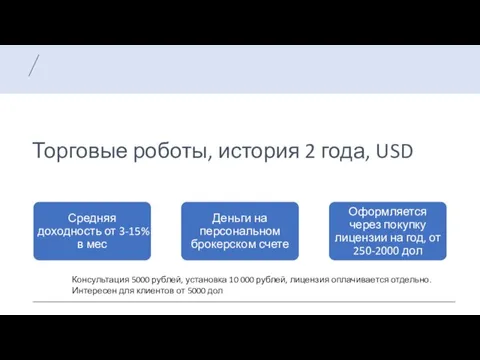 Торговые роботы, история 2 года, USD Консультация 5000 рублей, установка 10