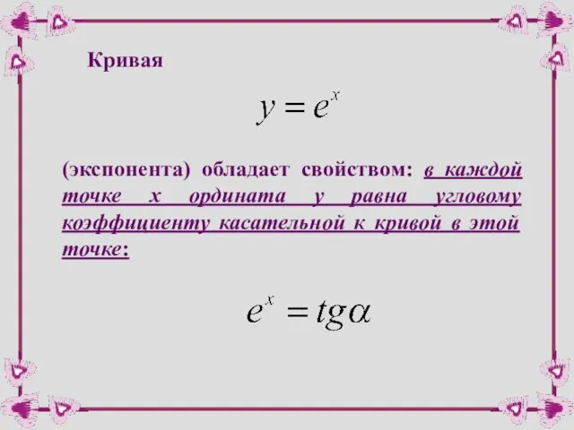 Кривая (экспонента) обладает свойством: в каждой точке х ордината у равна