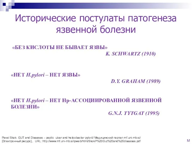 «БЕЗ КИСЛОТЫ НЕ БЫВАЕТ ЯЗВЫ» K. SCHWARTZ (1910) «НЕТ H.pylori –