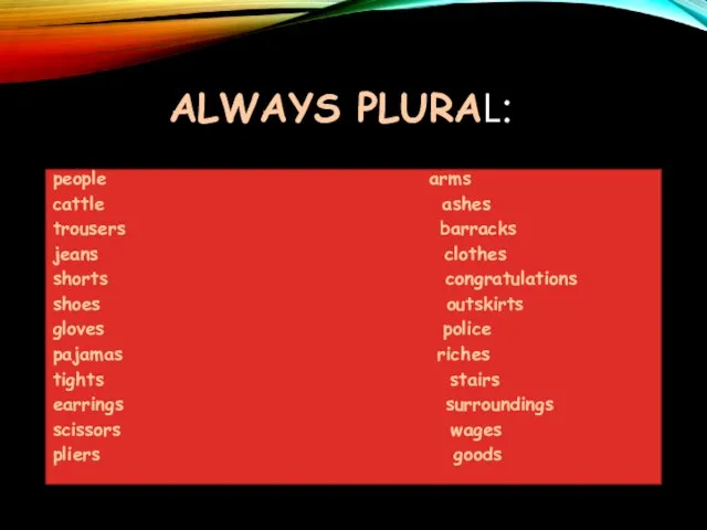 ALWAYS PLURAL: people arms cattle ashes trousers barracks jeans clothes shorts