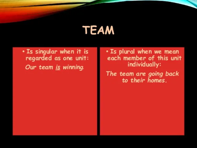 TEAM Is singular when it is regarded as one unit: Our