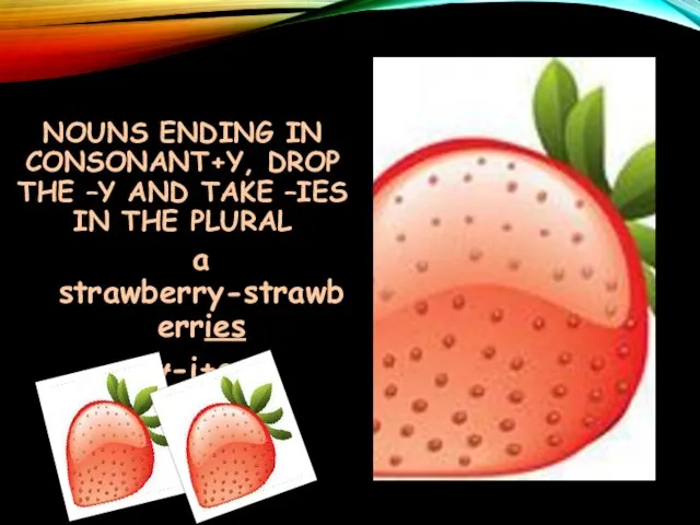 NOUNS ENDING IN CONSONANT+Y, DROP THE –Y AND TAKE –IES IN THE PLURAL a strawberry-strawberries y-i+es