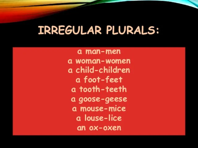 IRREGULAR PLURALS: a man-men a woman-women a child-children a foot-feet a