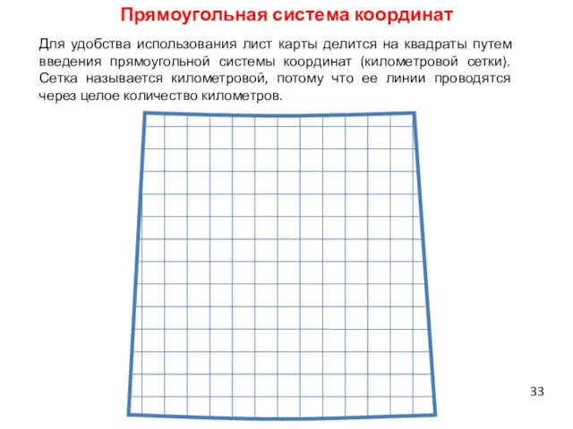 Прямоугольная система координат Для удобства использования лист карты делится на квадраты