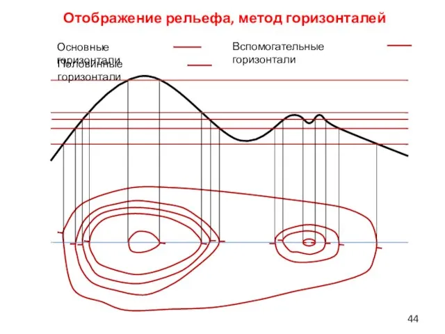 Отображение рельефа, метод горизонталей Основные горизонтали Половинные горизонтали Вспомогательные горизонтали