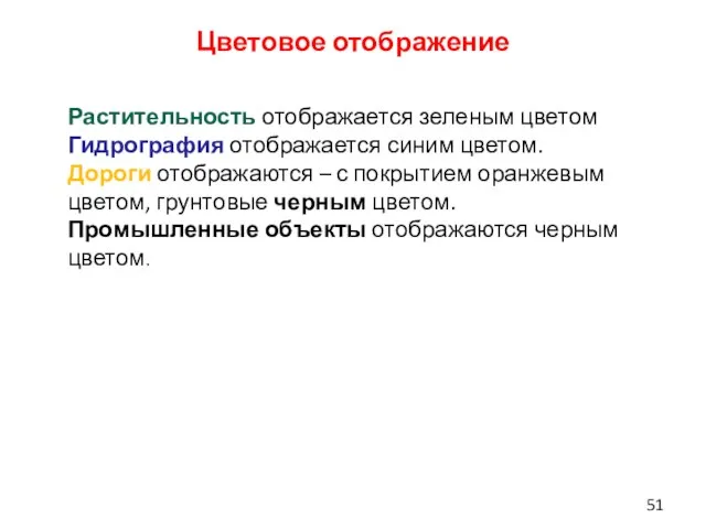 Цветовое отображение Растительность отображается зеленым цветом Гидрография отображается синим цветом. Дороги