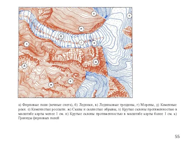 а) Фирновые поля (вечные снега), б) Ледники, в) Ледниковые трещины, г)