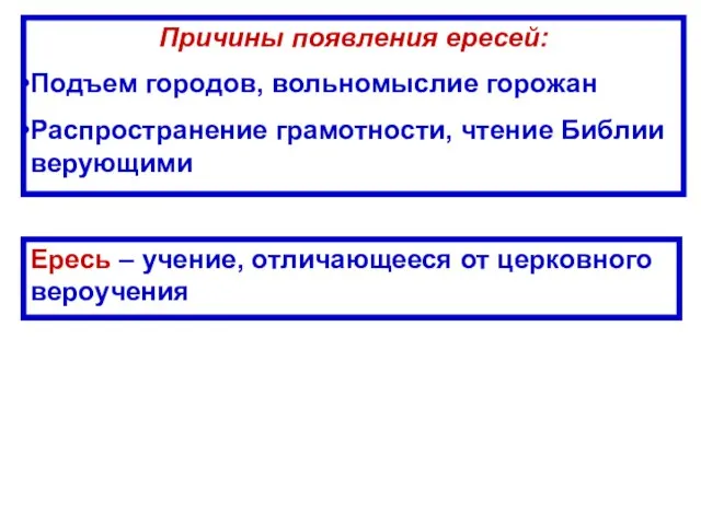 Ересь – учение, отличающееся от церковного вероучения Причины появления ересей: Подъем