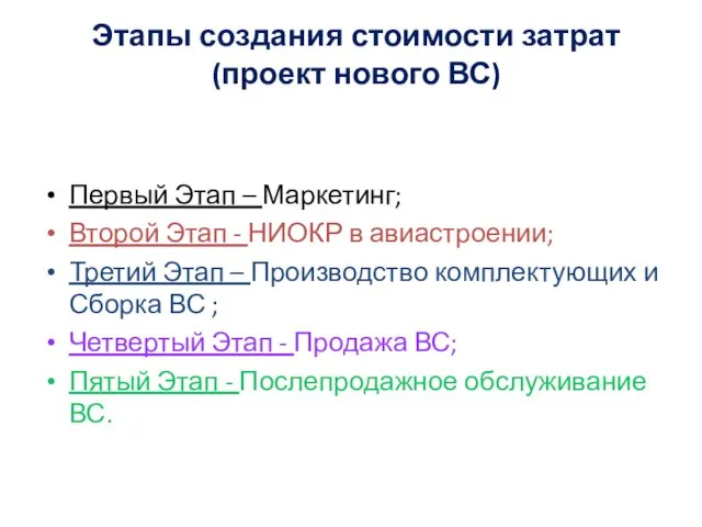 Этапы создания стоимости затрат (проект нового ВС) Первый Этап – Маркетинг;